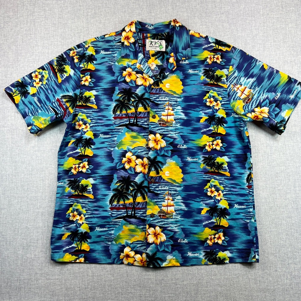 Vintage KY'S Hawaiian Shirt Men XL Blue‎ Cotton Aloha Tropical Hibiscus USA Made